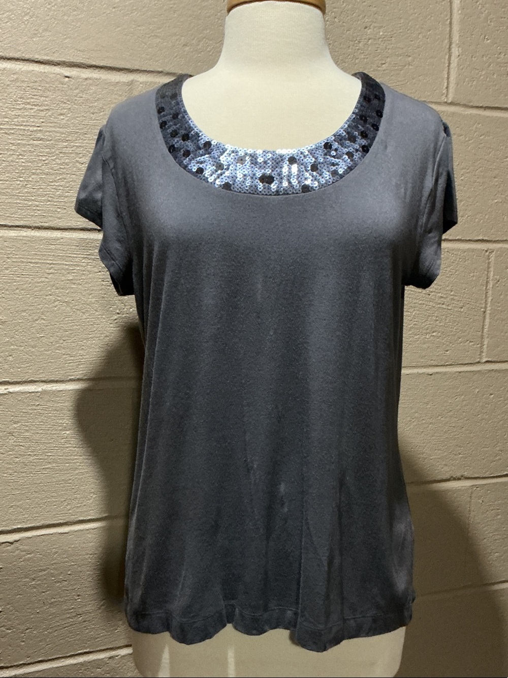 Chico's Gray Short-Sleeve Scoop Neck Tee with Sequin Trim